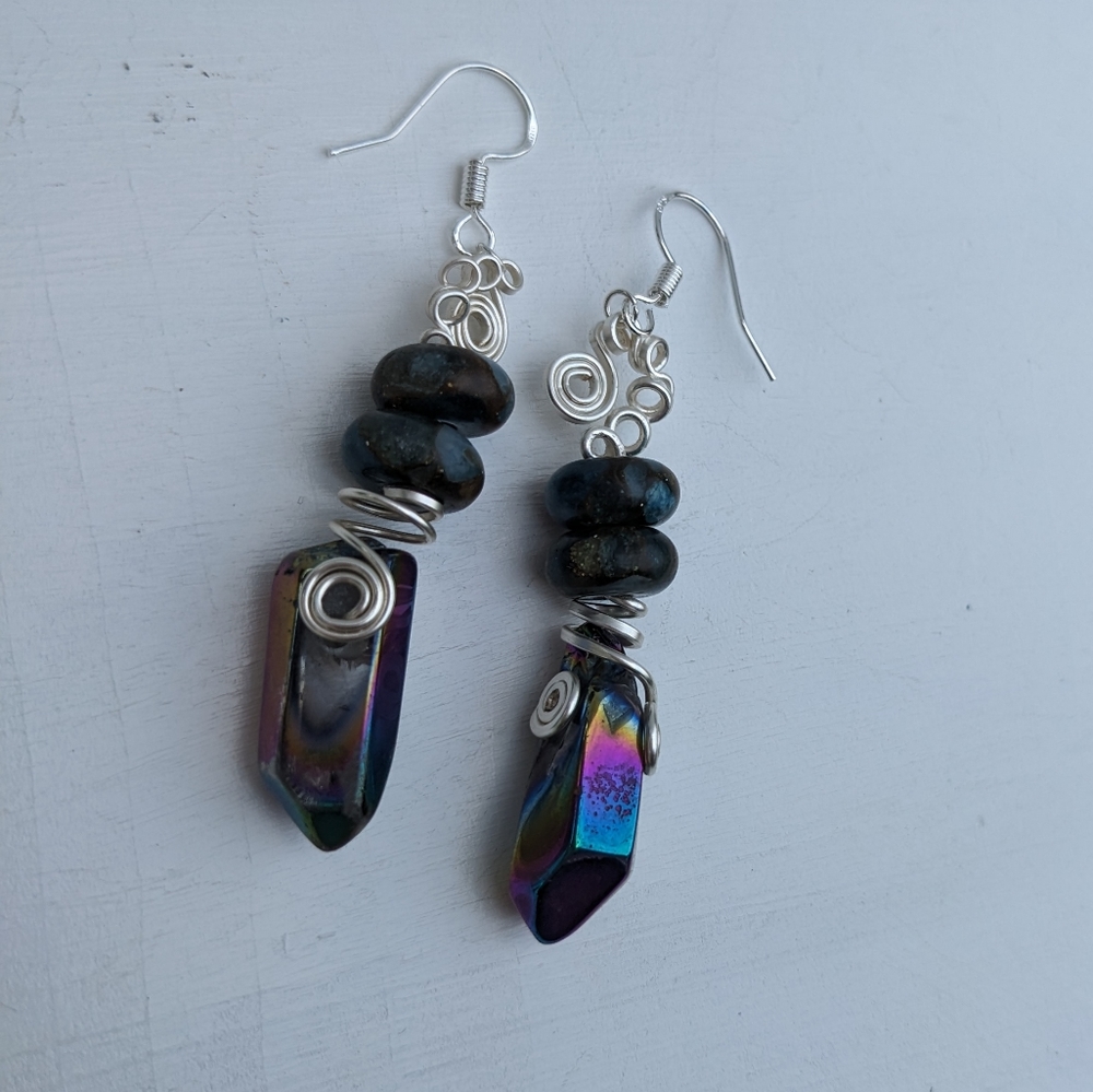 Quartz Crystals & Impression Jasper Silver Earrings Handmade Artisan Wrapped - Picture 5 of 10